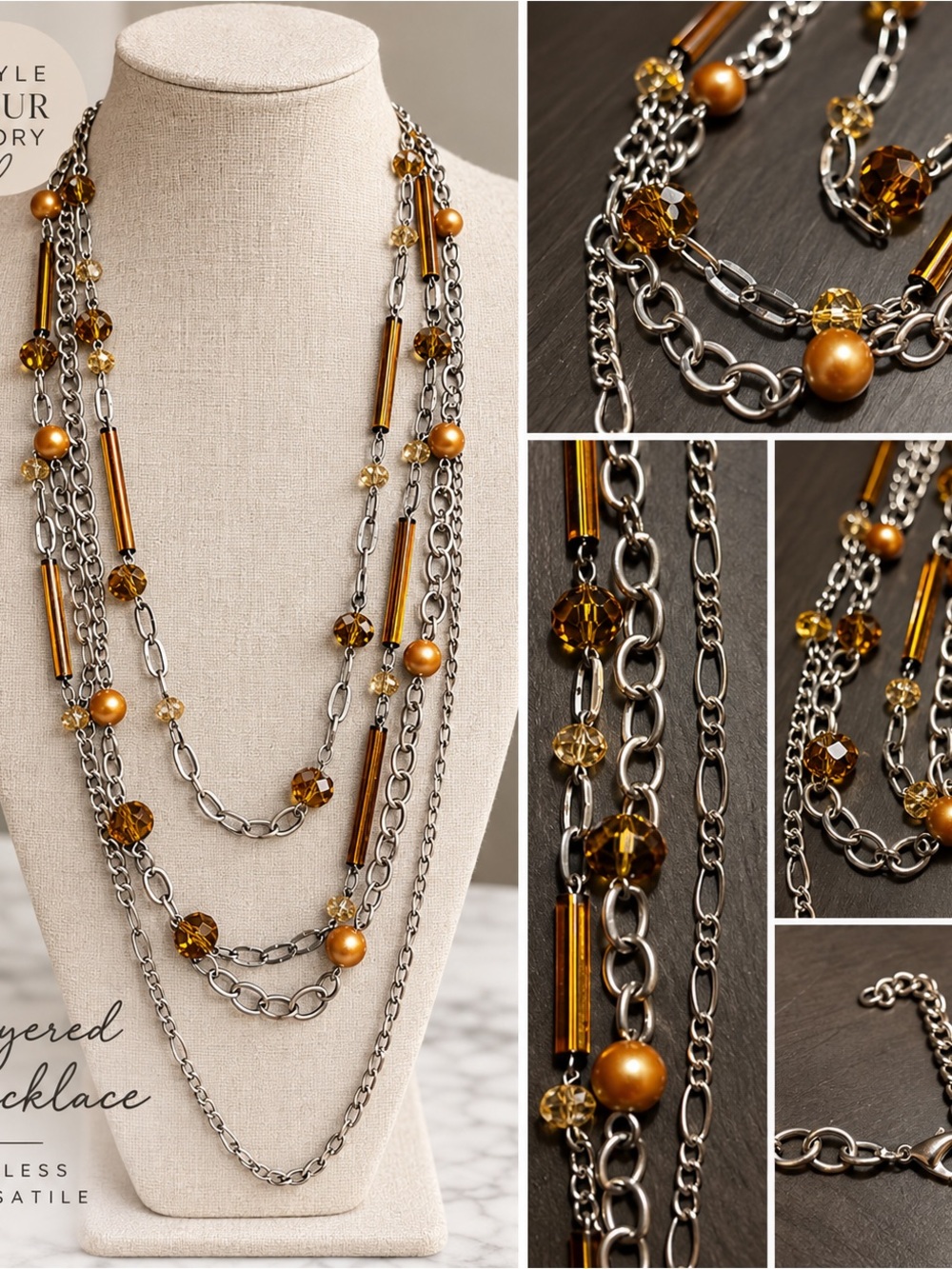 Multi-Strand Silver Necklace with Amber and Gold Beads